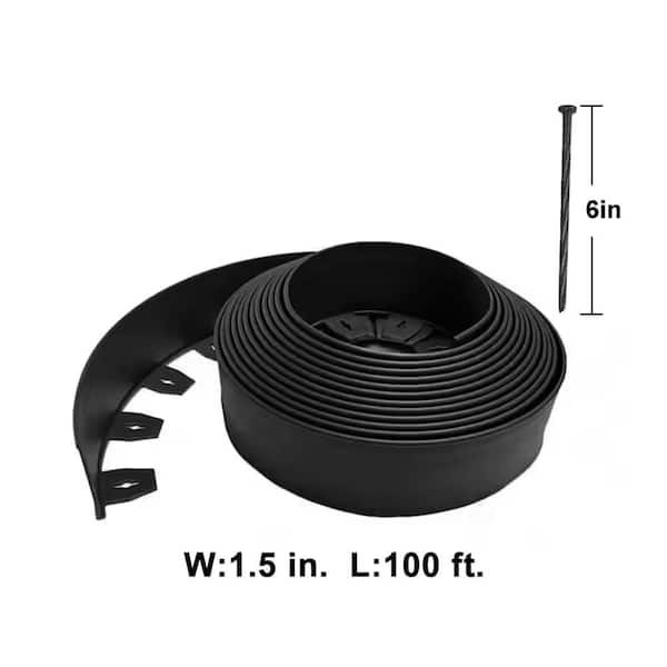 1.5 in x 100 ft. Plastic Landscape Edging with 90-Piece Spikes, No Dig Design Flexible Garden Border, Black