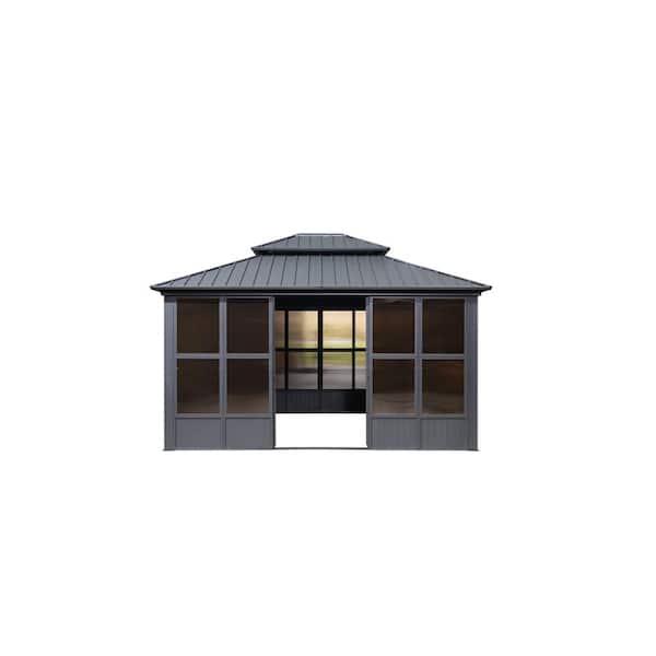 Hardtop Gazebo 12 ft. x 14 ft. Brown Aluminum Sunroom Gazebo with Double Top, Mesh Screens and 24 Lights