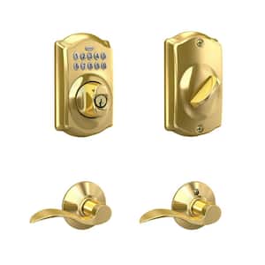 Camelot Bright Brass Electronic Keypad Deadbolt and Accent Passage Bed/Bath Handle