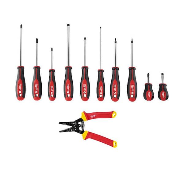 Milwaukee Screwdriver Set with 1000V Insulated 10-20 AWG Wire Stripper and Cutter (11-Piece)