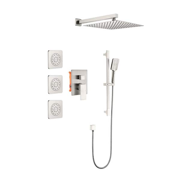 WELLFOR 2-Handle 3-Spray Shower Faucet 2.0 GPM with Body Spray and Slide Bar in Brushed Nickel