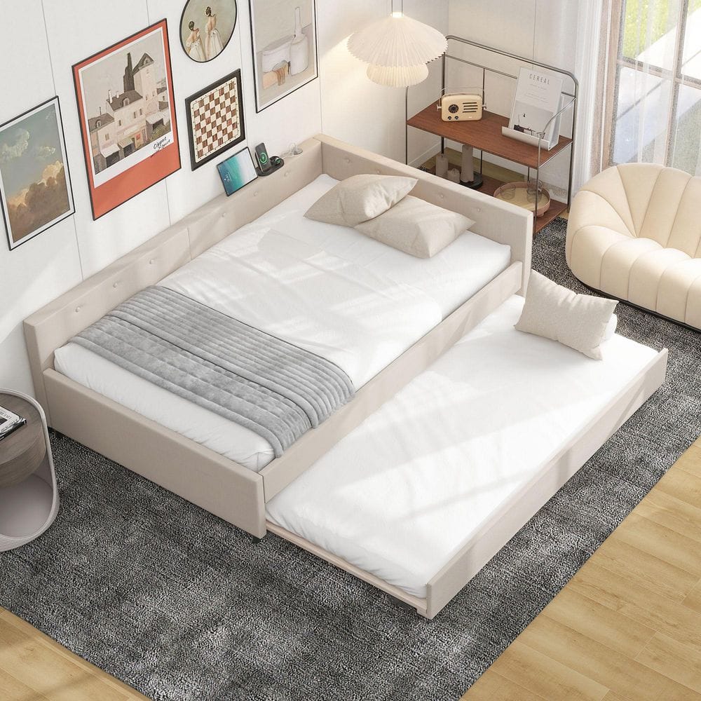 Leilani Modern Beige Upholstered Linen Wood Frame Full Platform Bed with USB Ports and and Twin Trundle price history on PriceWatchPro