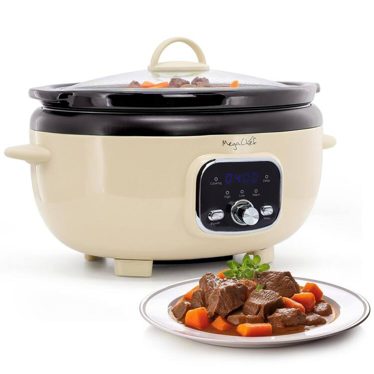 MegaChef 6.8 Qt. Oval Electric Digital Slow Cooker in Cream with Black Pot