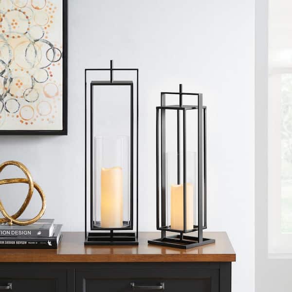 Home Decorators Collection Modern Black Metal and Glass Cross Bar Indoor Lanterns (Set of 2)