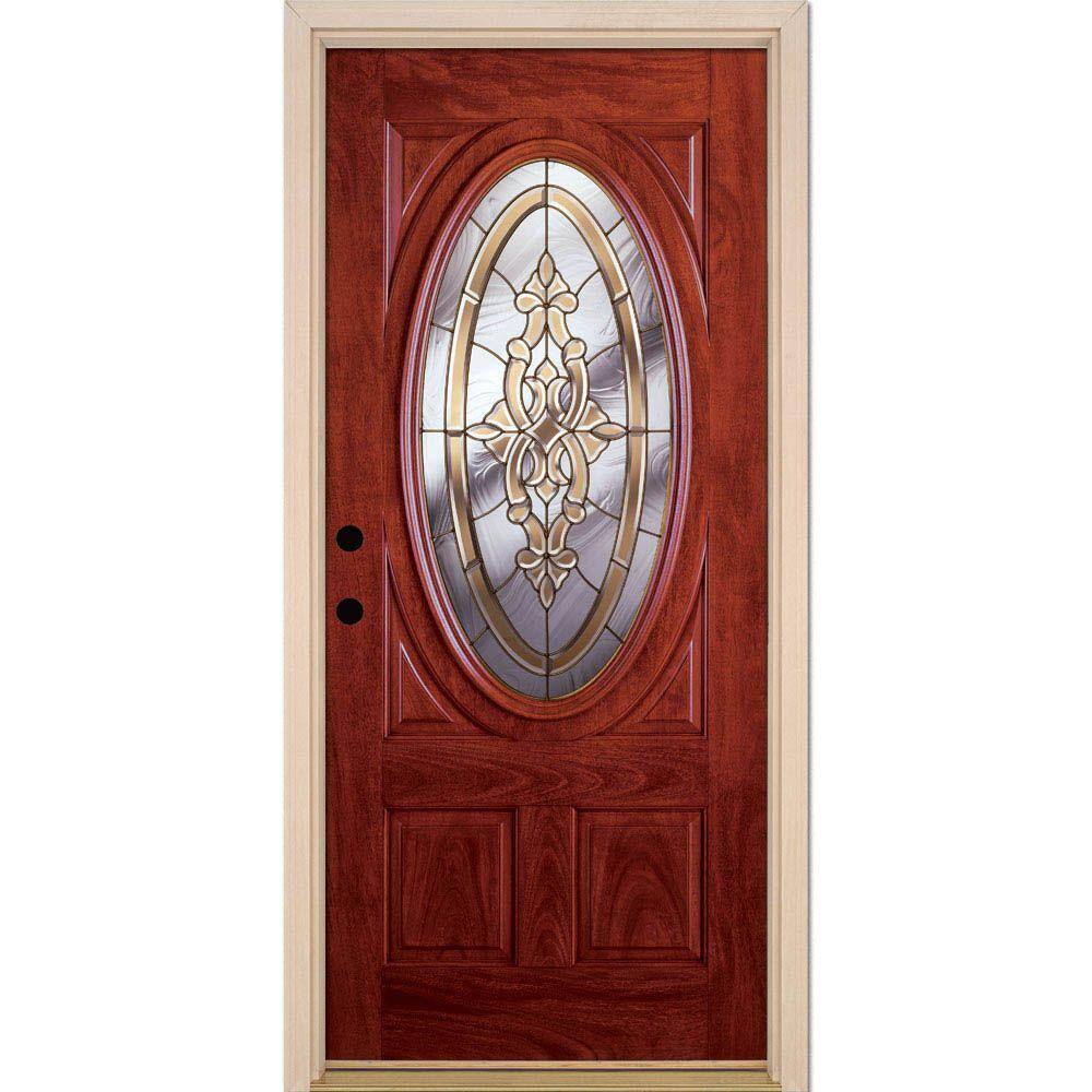 Feather River Doors 37 5 In X 81 625 In Silverdale Brass 3 4 Oval Lite Stained Cherry Mahogany Right Hand Fiberglass Prehung Front Door C11505 The Home Depot