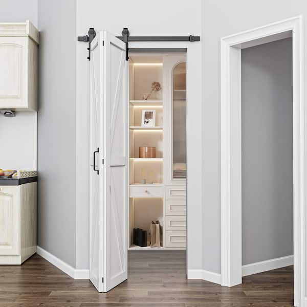 36 in. x 84 in. PaneLED K Shape Solid Core White Finished Composite MDF Bifold Door with Bifold Barn Door Hardware