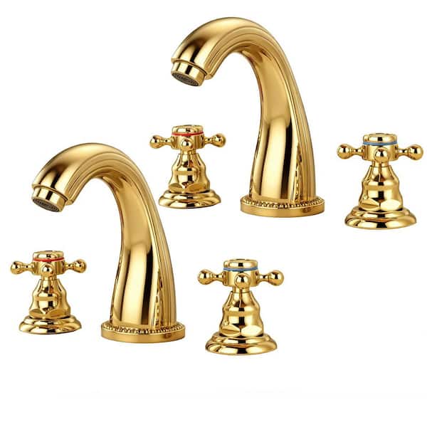 Double Handles 8 in. Widespread Bathroom Faucet 3-Hole Sink Faucet in Polished Gold (2-Pack)