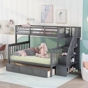 Twin Over Full Bunk Bed with Drawer, Wooden Bunk Bed Frame with Storage Stairway and Guard Rail for Kids, Gray
