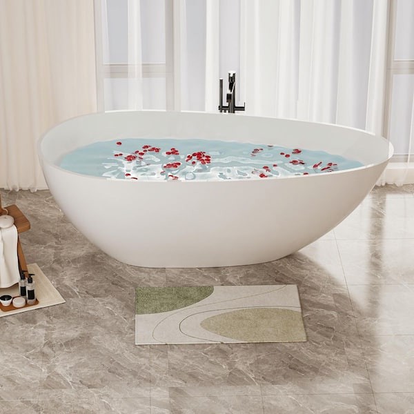 59 in. x 30.8 in. Eggy Shape Solid Surface Stone Resin Flatbottom Soaking Bathtub in Matte White