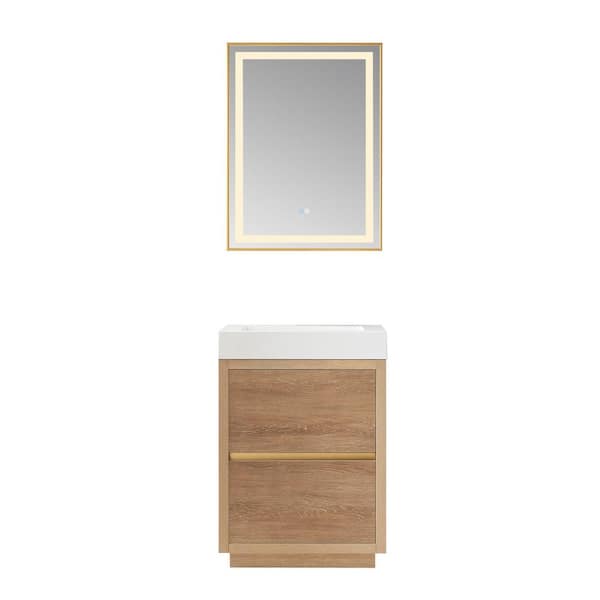 ROSWELL Palencia 24 in. W x 20 in. D x 33.9 in. H Single Sink Bath Vanity in N. American Oak with White Composite Top and Mirror