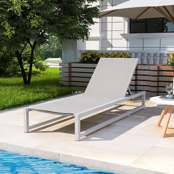 Roger 1-Piece Patio Aluminium and Textilene Mesh Adjustable Outdoor Chaise Lounge, Light Gray + White