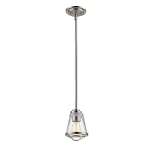 Mariner 1-Light Brushed Nickel Mini Pendant Light with Clear Seedy Glass Shade with No Bulb Included