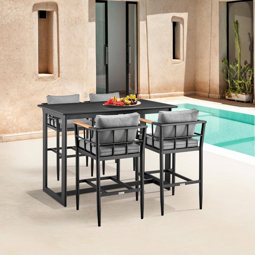 Gray Aluminum and Teak Outdoor Bar Stool with Cushions