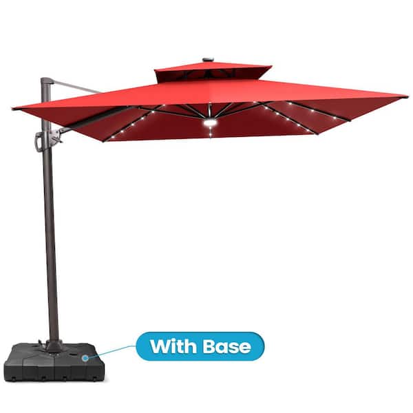 Crestlive Products 9 ft. x 11 ft. LED Rectangular Swivel Double Cantilever Tilt Patio Umbrella in Red with 220 lb. HDPE Base
