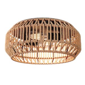 Farmhouse 15.55 in. 2-Light Rattan Flush Mount Ceiling Light Fixture with Hand-Woven Shade
