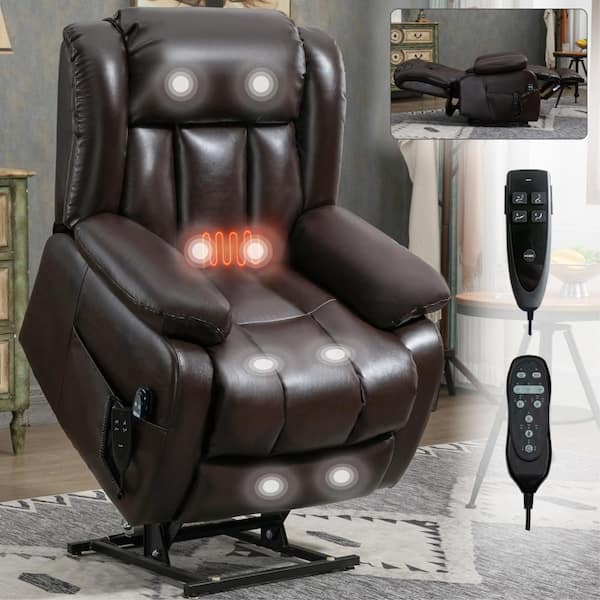 Brown Faux Leather Dual-Motor Power Lift Recliner, Infinite-Position 8-Point Massage and Heat, 350 lbs.