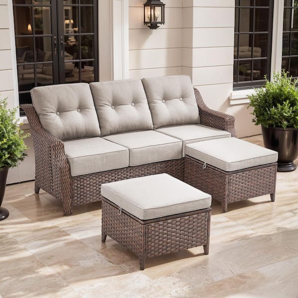 Artisan 3-Piece Brown Wicker Outdoor 3-Seat Couch with High Curved Back and 6 in. Thick Beige Cushions and Ottomans