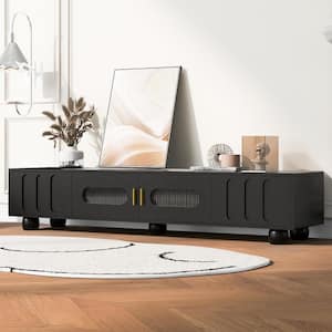 Black TV Stand Fits TVs up to 80 in. with 2 Drawer, Oval-Shaped Pattern, Changhong Tempered Glass Door, Cylindrical Leg