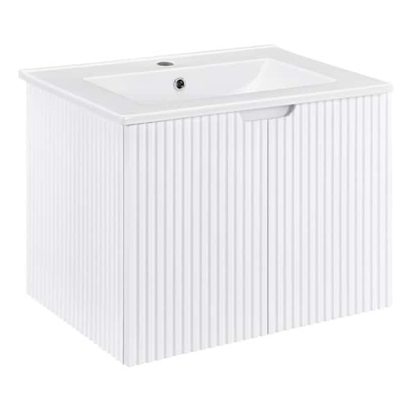 Tileon 23.6 in. W x 17.7 in. D x 18.7 in. H Single Floating Bathroom Vanity in White w/ White Ceramic Top and Handleless Doors