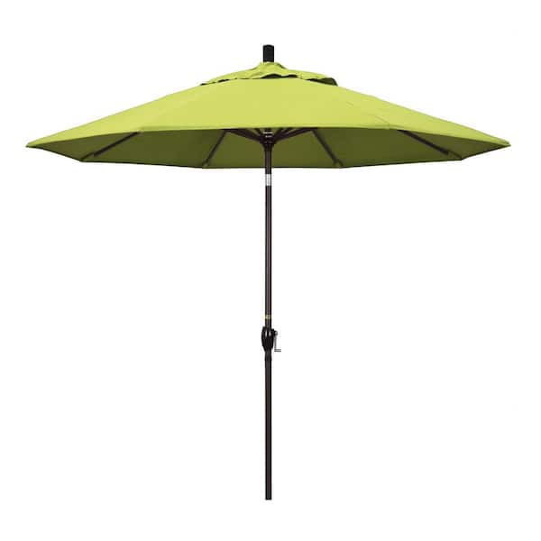 California Umbrella 9 ft. Bronze Aluminum Market Push Button Tilt Crank Lift Patio Umbrella in Parrot Sunbrella