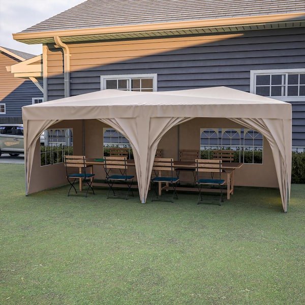 Cesicia Outdoor Portable 10 ft. x 20 ft. Beige Slant Leg Pop-Up Canopy with 6 Removable Sidewalls and Carry Bag