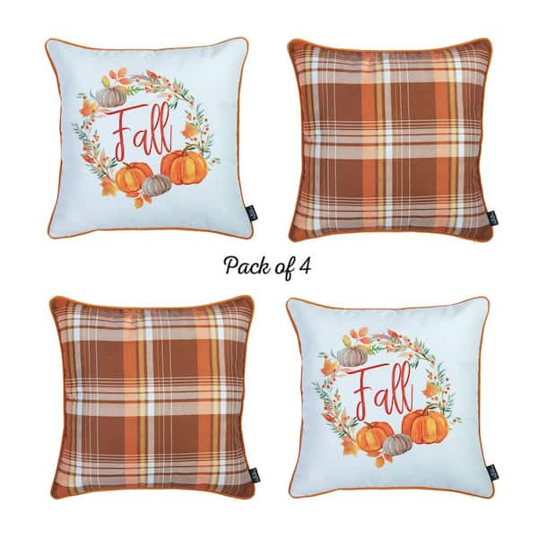 Mike & Co. New York Fall Decorative Throw Pillow Plaid & Pumpkins 18 in. x 18 in. Yellow & Orange Square Thanksgiving for Couch Set of 4, White/