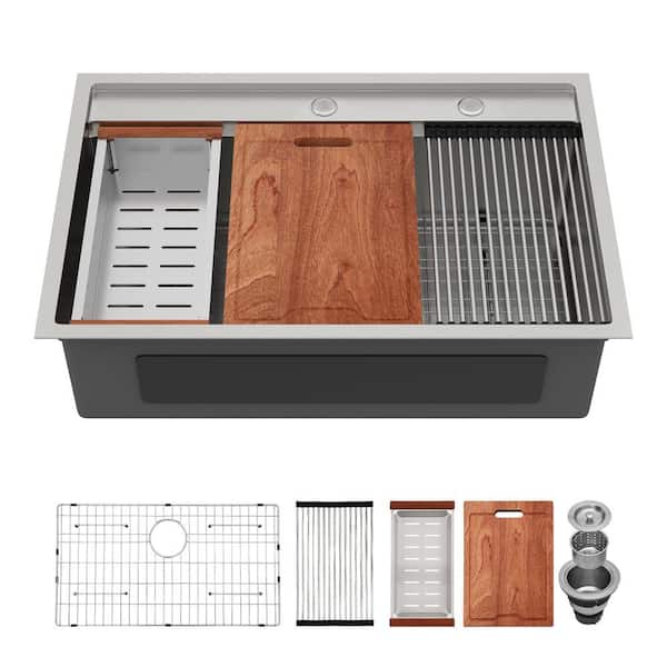 33 in. Workstation Sink Drop-In Single Bowl 16-Gauge Brushed Stainless Steel Kitchen Sink with Accessories