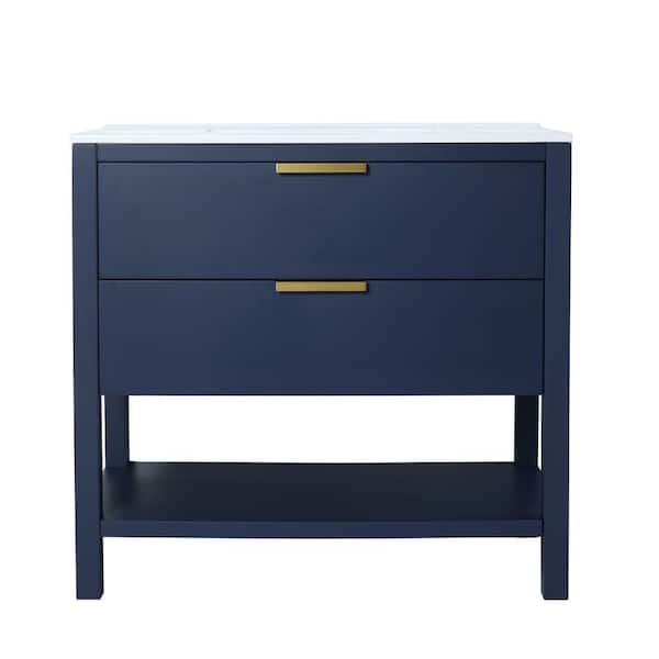 JimsMaison 36 in. W x 18. in D. x 33 in. H Bath Vanity in Navy Blue with White Resin Top