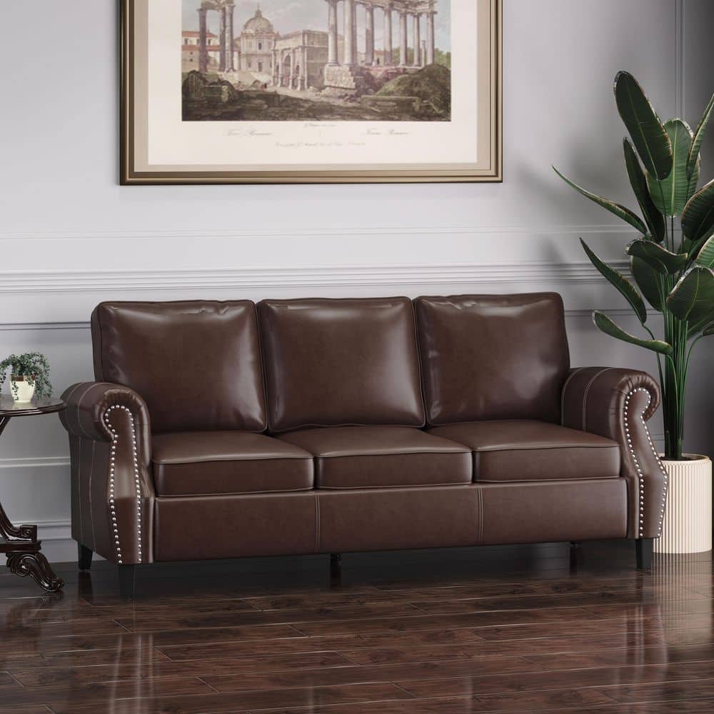 Dark Brown Faux Leather Lawson Sofa with Nailhead Trim