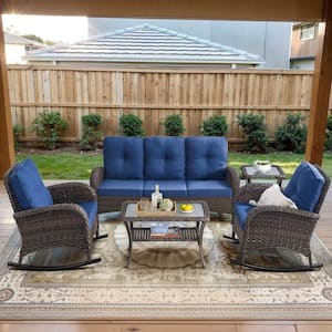 Brown 5-Piece Wicker Patio Conversation Set with Rocking Chairs, Outdoor Sofa Seating Set with Olefin Navy Blue Cushions