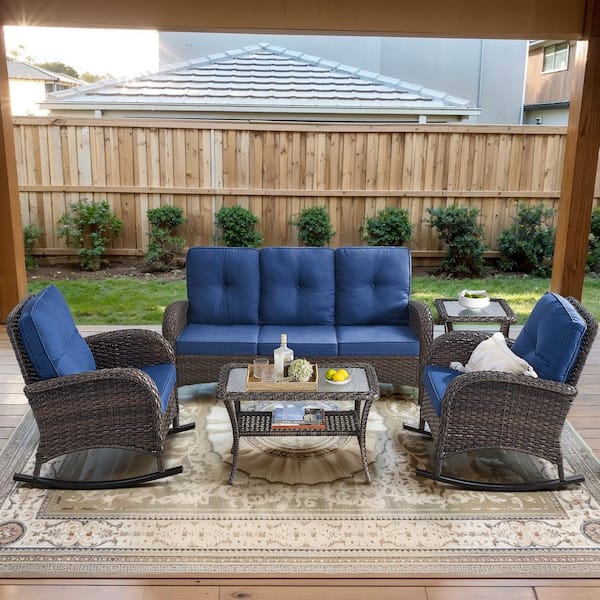 Brown 5-Piece Wicker Patio Conversation Set with Rocking Chairs, Outdoor Sofa Seating Set with Olefin Navy Blue Cushions