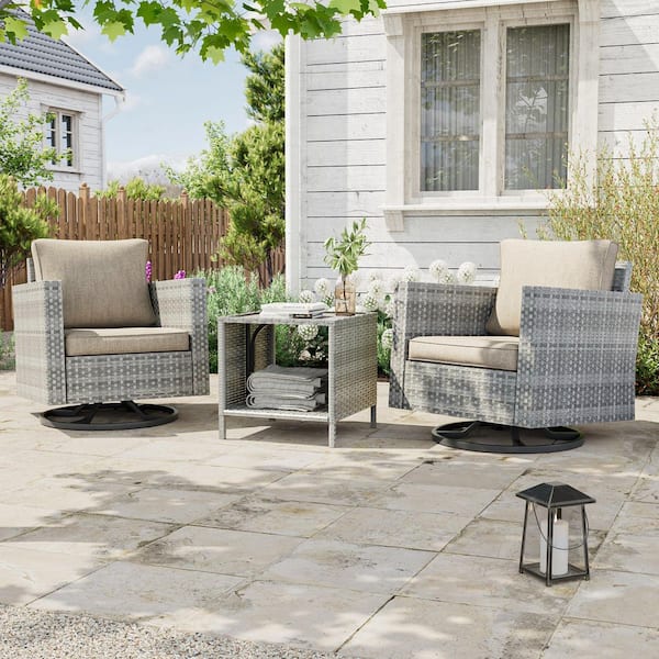 3-Piece Gray Wicker Patio Bistro Set Swivel Rocking Chairs for Outdoor Occasions of Lawn, Linen Flax Beige