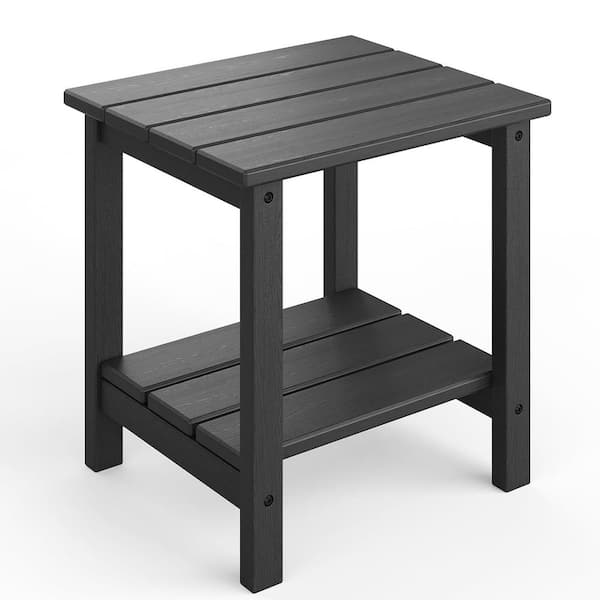 HDPE Plastic Black Wood Texture Square Adirondack Outdoor Side Table with Storage Shelf