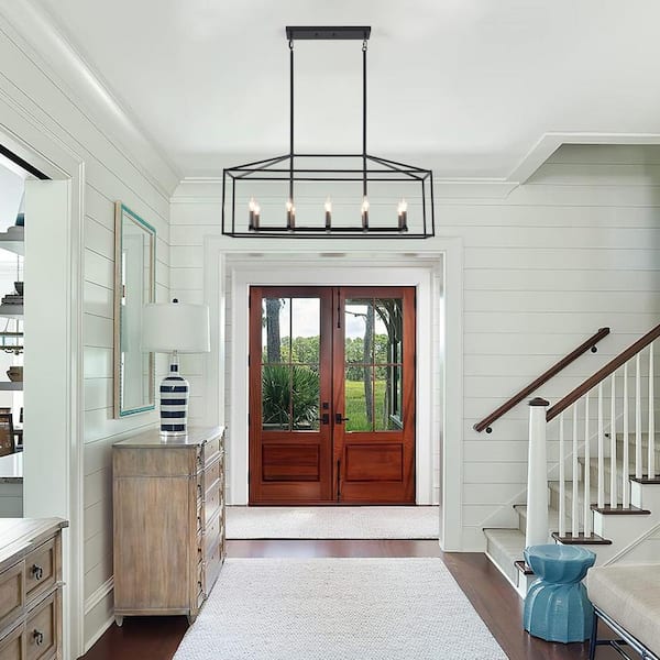 10-Light Farmhouse Black Rectangle Hanging Linear Island Chandelier Lighting for Kitchen Island