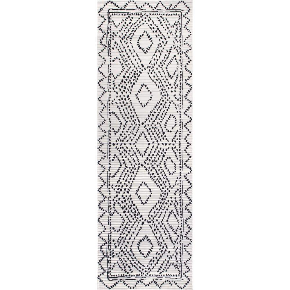 Mila Gray and White Moroccan Diamond Trellis Runner Rug