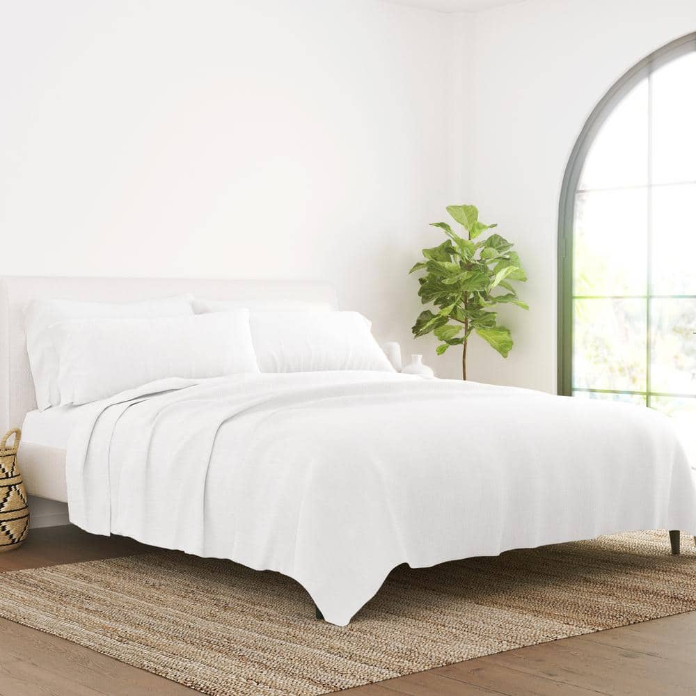 4-Piece White Solid Linen & Rayon from Bamboo Blend Queen Deep Pocket Bed Sheet Set - Thumbnail 4
