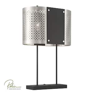Noho by Robin Baron 28 in. Brushed Nickel and Sand Black Table Lamp with Pierced Metal Shade