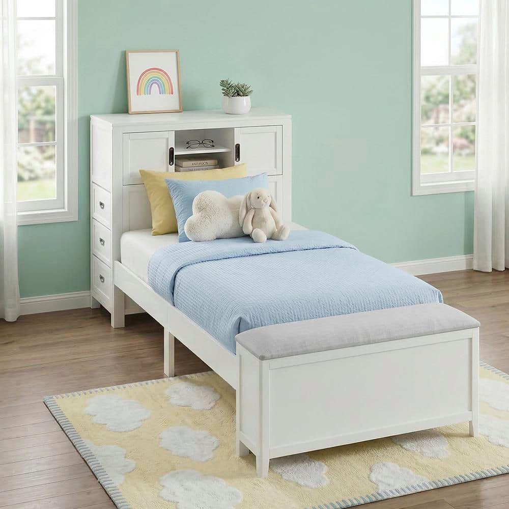 Lazzara Eliza White Wood Frame Twin Bookcase Platform Bed with