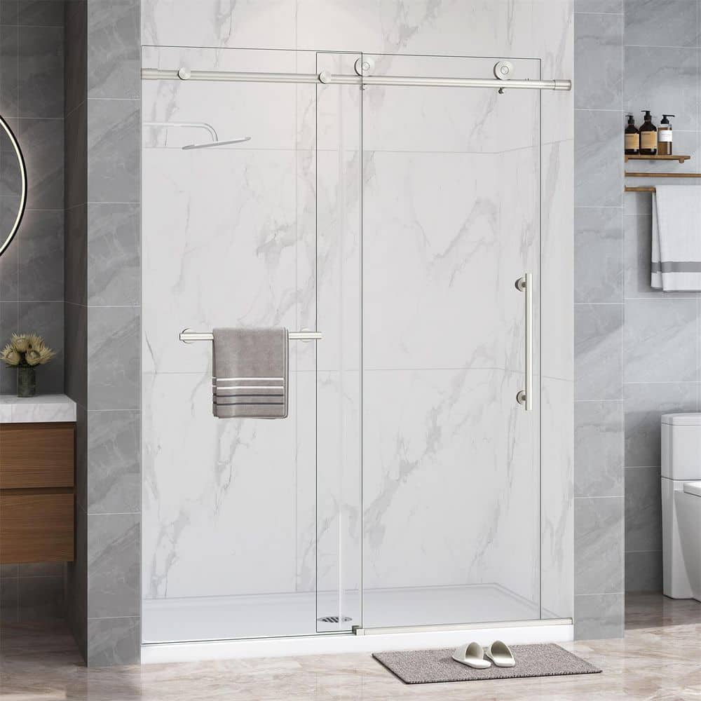 55-60 in. W x 76 in. H Single Sliding Frameless Shower Door in Brushed Nickel with 5/16 in. Clear Tempered Glass price history on PriceWatchPro
