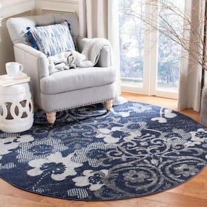 Adirondack Navy/Silver 4 ft. x 4 ft. Round Floral Area Rug