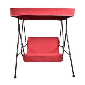 57.48 in. W 2-Seat Brown Red Metal Patio Swing With Removable Cushion And Convertible Canopy