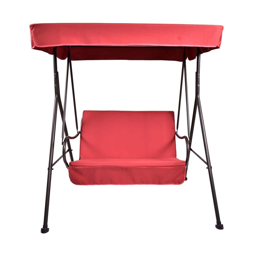 2-Seat Metal Outdoor Patio Porch Swing Chair Porch Lawn Swing With Removable Cushion And Convertible Canopy in Red