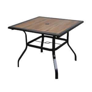 Square Metal Outdoor Dining Table with Wood-Like Top and Umbrella Hole