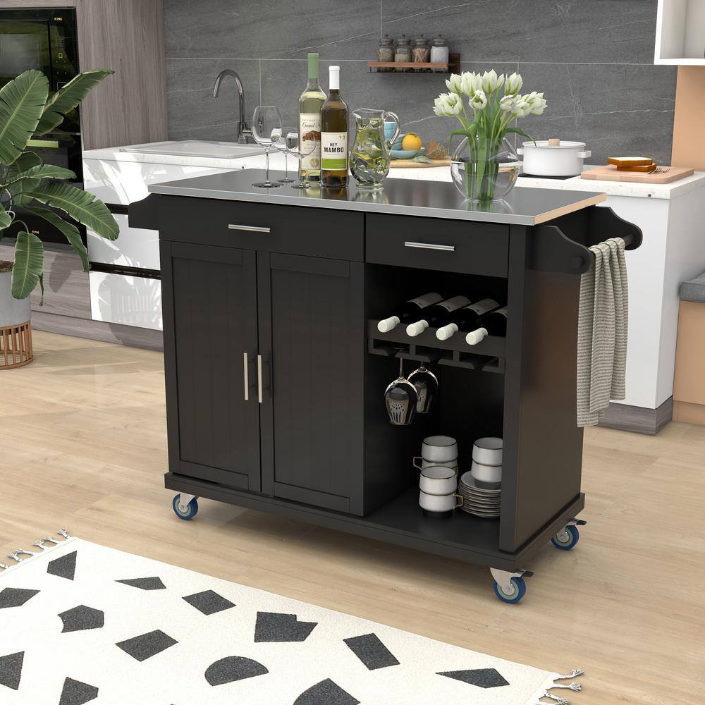Aoibox 51 in. W Black Kitchen Cart with Stainless Steel Top, Drawers