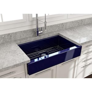 Nuova Pro 34 in. Short Apron Drop-In/Undermount Single Bowl Sapphire Blue Fireclay Kitchen Sink with Grid in. Strainer