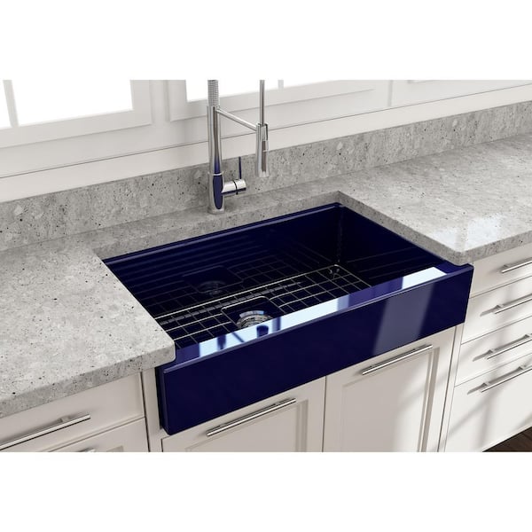 BOCCHI Nuova Pro 34 in. Short Apron Drop-In/Undermount Single Bowl Sapphire Blue Fireclay Kitchen Sink with Grid in. Strainer