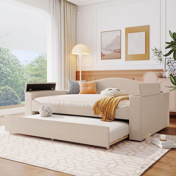 Beige Full Size Daybed with Storage Armrests, Trundle and Bluetooth Audio System, Teddy Fleece