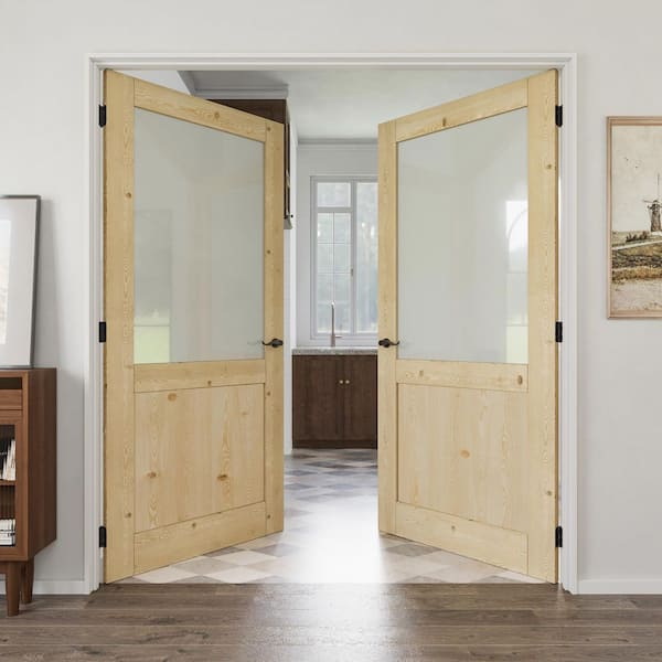 72 in. x 80 in. 1/2-Lite Frosted Glass Universal Solid Core Unfinished Pine Wood Double Prehung French Door+ Primed Jamb