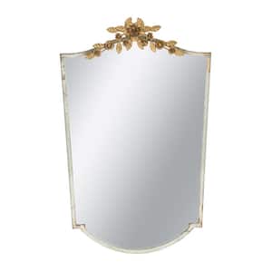 Gold 24 in. W x 37.4 in. H Decorative Arched MDF Wall Mirror with Distressed Ivory Frame and Gold Floral Crown