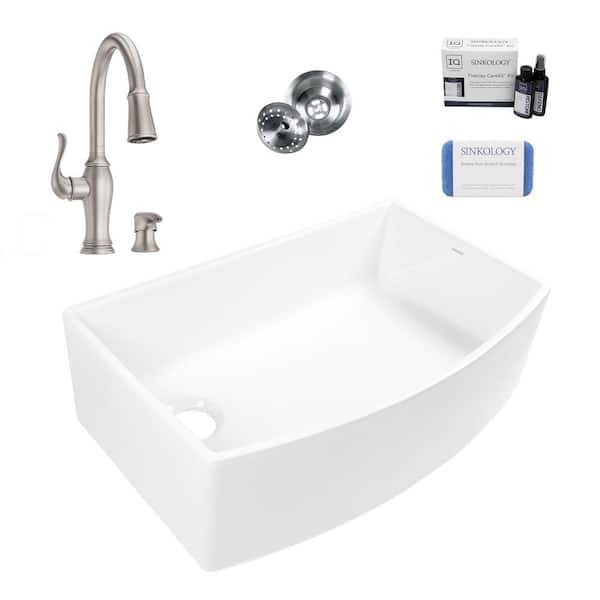 SINKOLOGY Bradstreet II 33 in. Undermount Bow Apron Front Single Bowl White Fireclay Kitchen Sink with Maren Stainless Faucet Kit